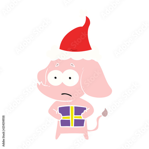 flat color illustration of a unsure elephant with christmas present wearing santa hat