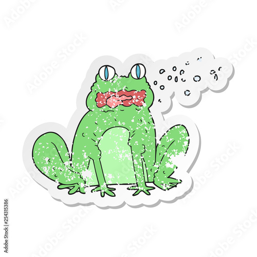 retro distressed sticker of a cartoon burping frog