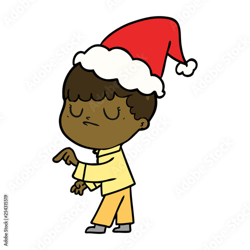 line drawing of a grumpy boy wearing santa hat