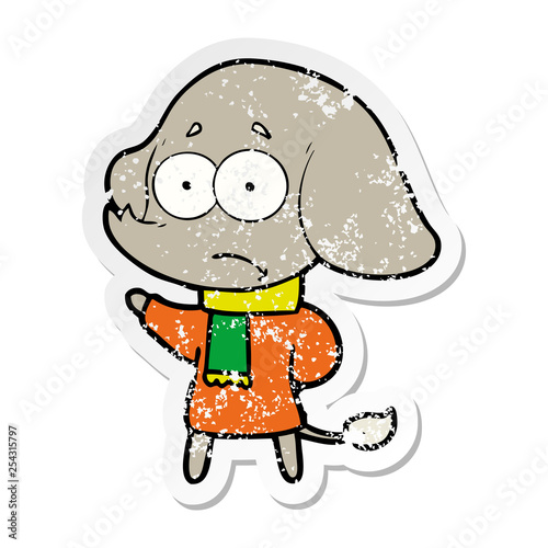 distressed sticker of a cartoon unsure elephant in scarf