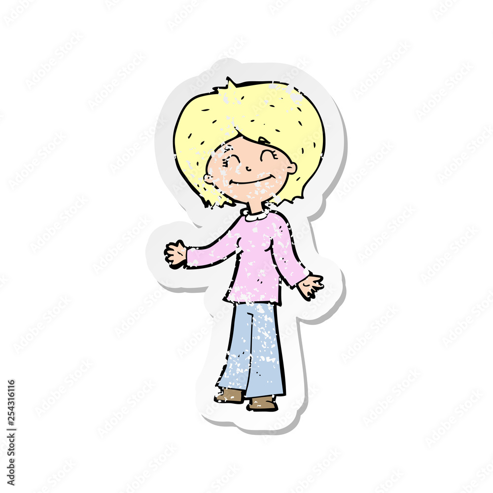 retro distressed sticker of a cartoon happy woman retro distressed sticker of a cartoon happy woman