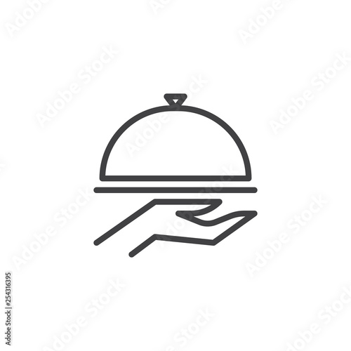 Food Cover On Hand line icon. linear style sign for mobile concept and web design. Restaurant cloche outline vector icon. Hotel service symbol, logo illustration. Pixel perfect vector graphics