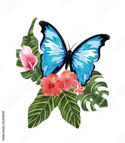 tropical flowers with butterfly and exotic leaves