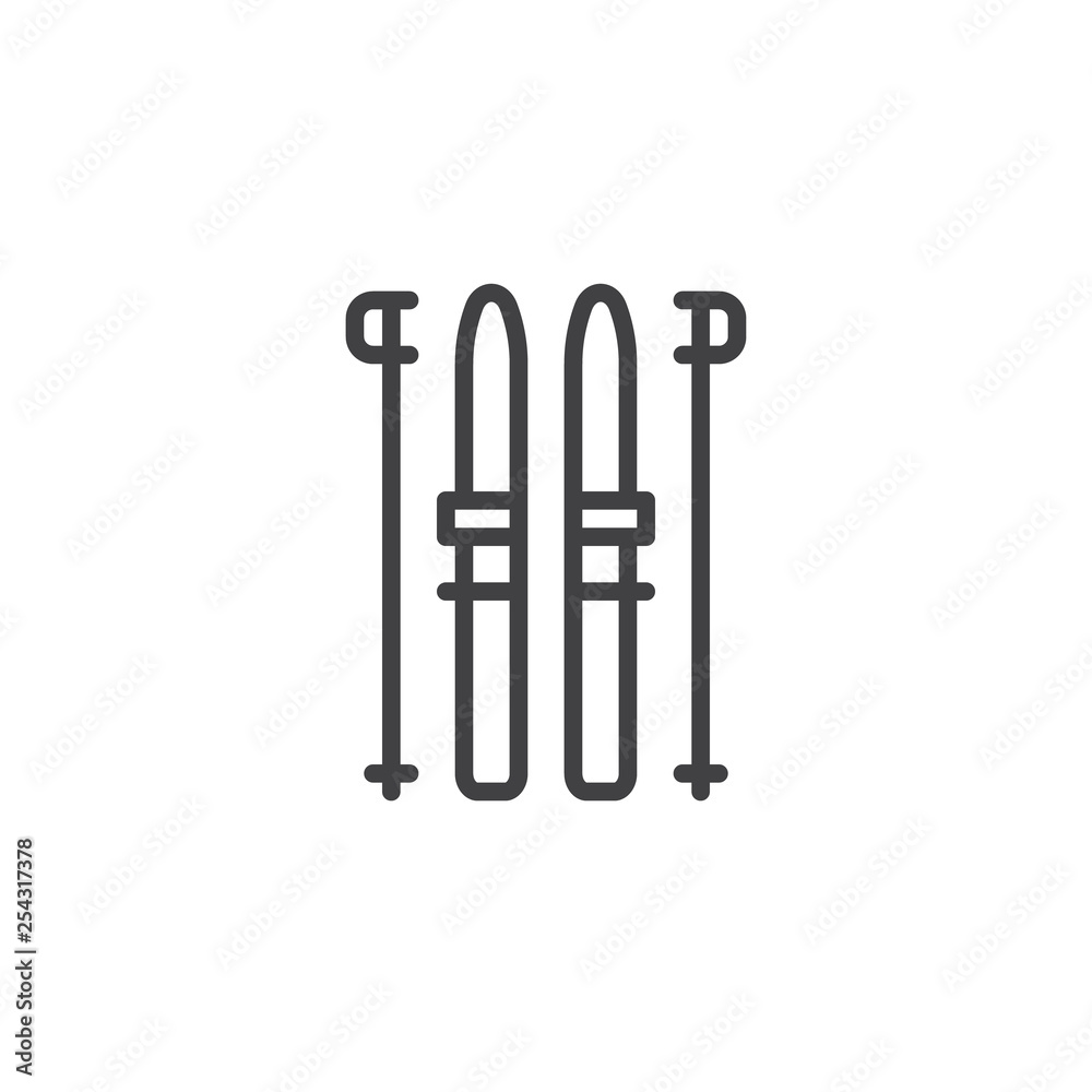 Ski and sticks line icon. linear style sign for mobile concept and web design. Winter sport outline vector icon. Skiing symbol, logo illustration. Pixel perfect vector graphics Ski and sticks line icon. linear style sign for mobile concept and web design. Winter sport outline vector icon. Skiing symbol, logo illustration. Pixel perfect vector graphics