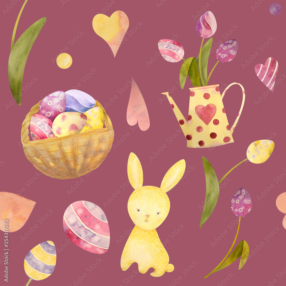 Cute baby easter rabbit seamless pattern, illustration for children clothing. Watercolor Hand drawn
