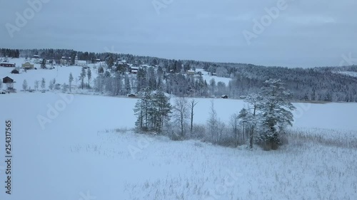 The frozen lake and forest near Borgvattnet, Sweden. Filmed with a drone during the day. photo