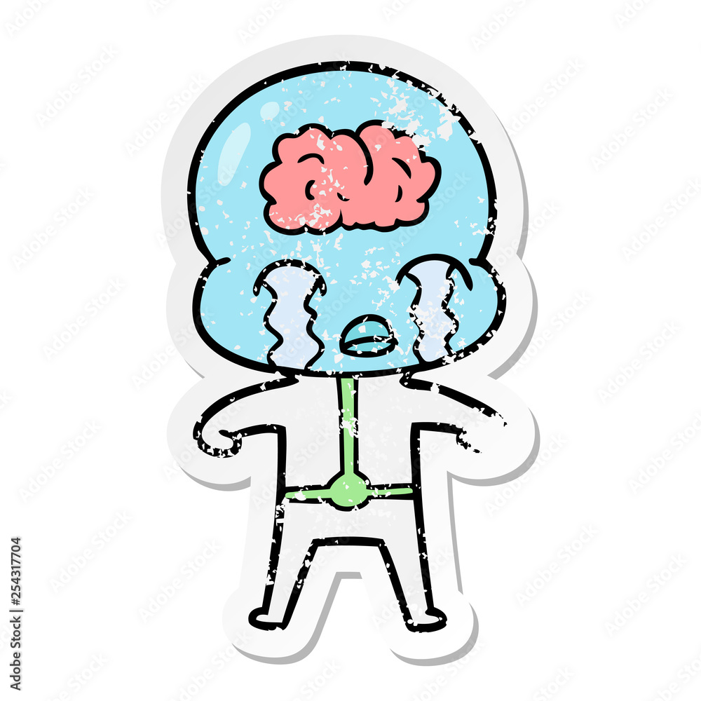 distressed sticker of a cartoon big brain alien crying distressed sticker of a cartoon big brain alien crying