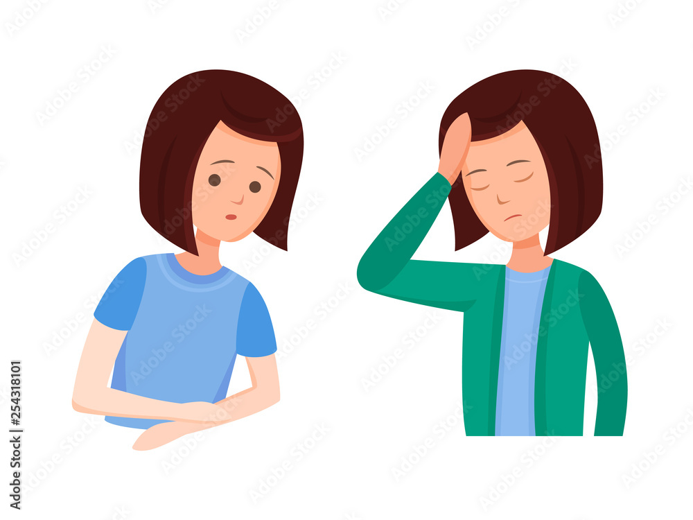 Health problems, Zika virus. Girl feels discomfort, numb hands, headache. Health problems, Zika virus. Girl feels discomfort, numb hands, headache.