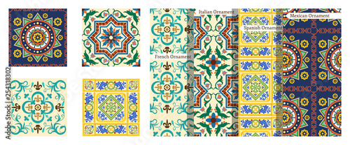 French background, Mexican pattern, Italian ornaments, colorful Spanish decor.