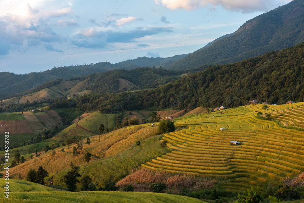 Beautiful landscape view of rice terraces and house on mountains  in Mae-Jam Village chiang mai ,Thailand.