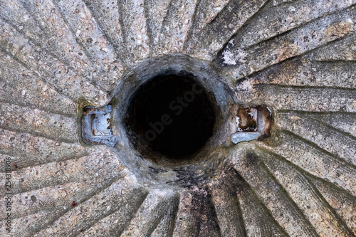 Vászonkép A top symmetrical view of an old millstone used to grind corn or wheat at the gristmill many years ago at Historic Yates Mill County Park in Raleigh North Carolina