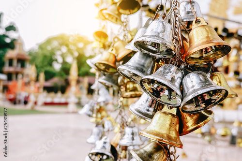 Many golden and silver bells in Wat Phra That Nong Bua Taken at Wat Phra That Nong Bua in Ubon ratchathani, Thailand Taken date Feb 25, 2019