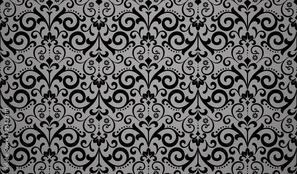 Wallpaper in the style of Baroque. Seamless vector background. Black floral ornament. Graphic pattern for fabric, wallpaper, packaging. Ornate Damask flower ornament Wallpaper in the style of Baroque. Seamless vector background. Black floral ornament. Graphic pattern for fabric, wallpaper, packaging. Ornate Damask flower ornament