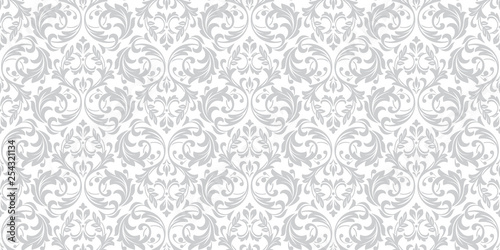 Floral pattern. Vintage wallpaper in the Baroque style. Seamless vector background. White and grey ornament for fabric, wallpaper, packaging. Ornate Damask flower ornament.