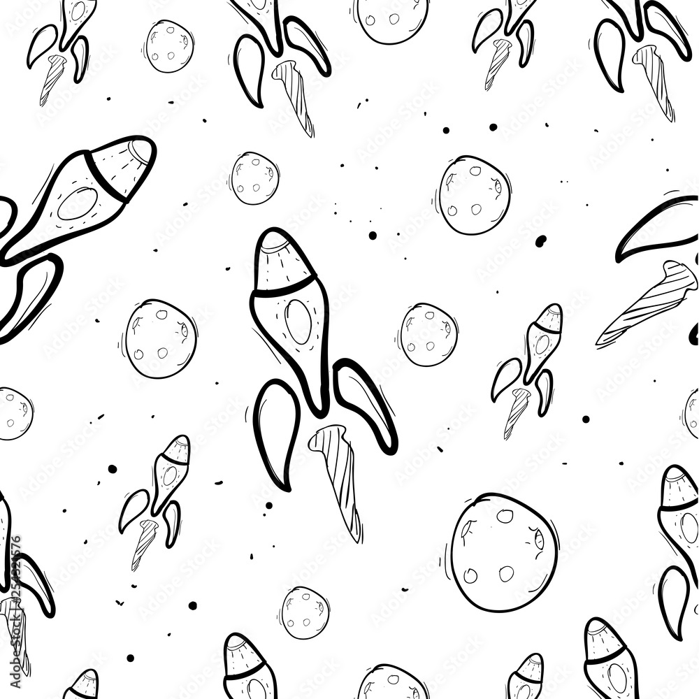 doodle hand drawn Space elements seamless pattern in cartoon style illustration doodle hand drawn Space elements seamless pattern in cartoon style illustration