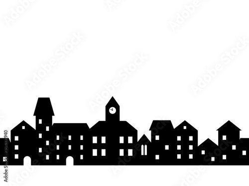 Black and white houses and buildings small town street seamless border, vector