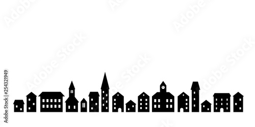Black and white houses and buildings small town street, vector template illustration