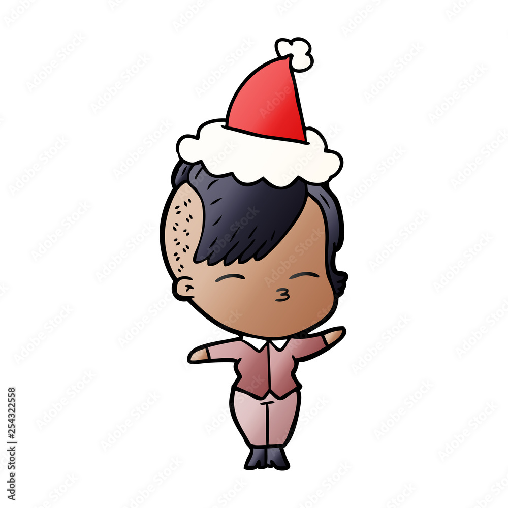 gradient cartoon of a squinting girl wearing santa hat gradient cartoon of a squinting girl wearing santa hat