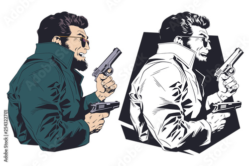 Criminal with gun. Stock illustration.