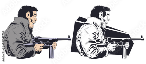 Frightened man with machine gun. Stock illustration.