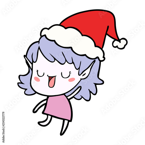 line drawing of a elf girl wearing santa hat