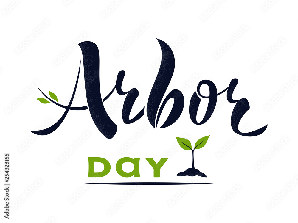 National Arbor Day text - creative concept with sprout. Suitable for greeting card, poster and celebration banner, icon, logo, greetings, print, cards, and labels.  Vector illustration