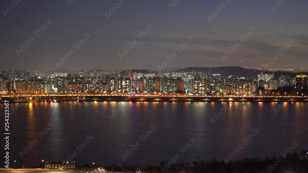 Panorama view of Olympic daero at Night, Seoul lights on sunset, Han river reflections Panorama view of Olympic daero at Night, Seoul lights on sunset, Han river reflections
