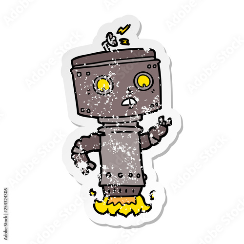 distressed sticker of a cartoon robot hovering