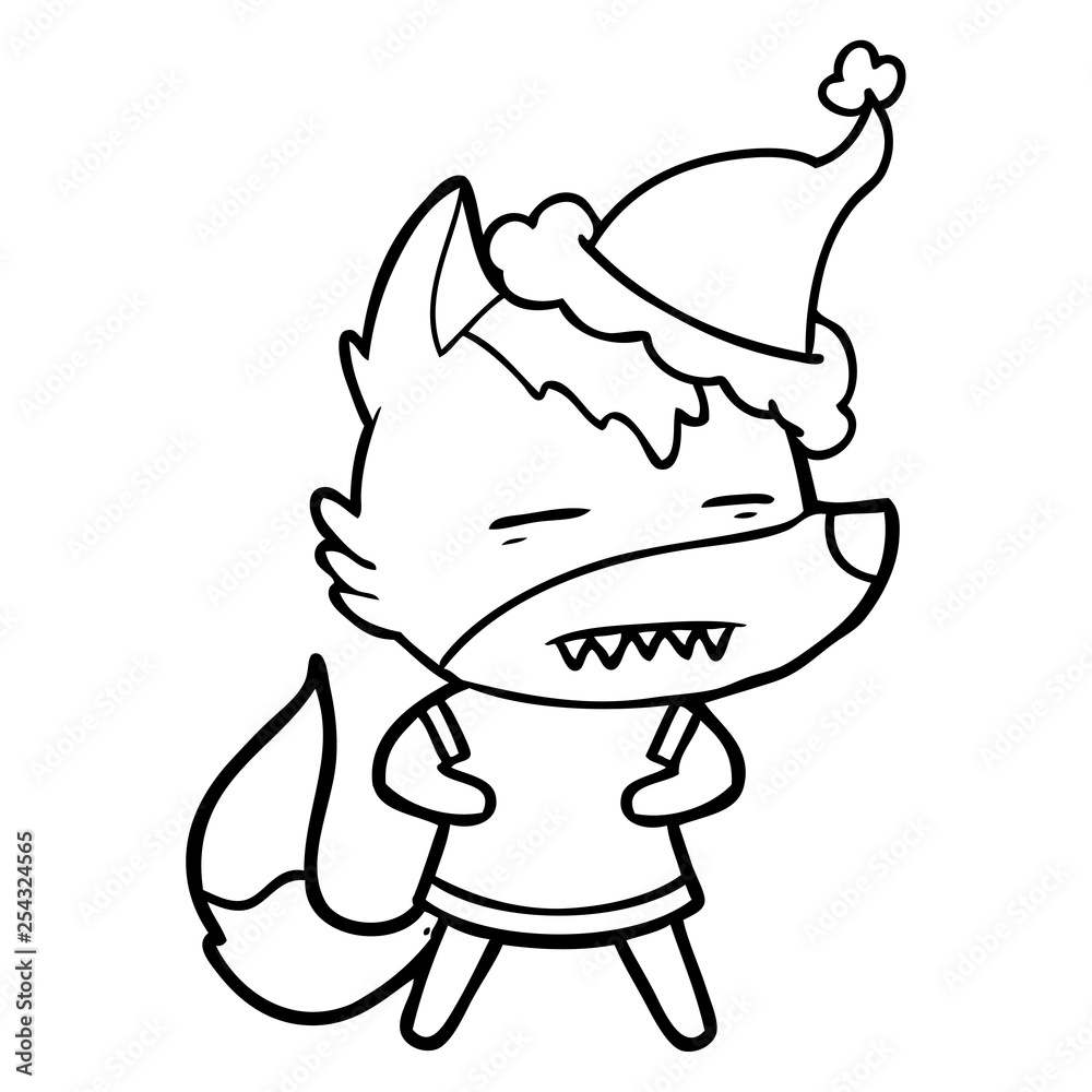 line drawing of a wolf showing teeth wearing santa hat line drawing of a wolf showing teeth wearing santa hat
