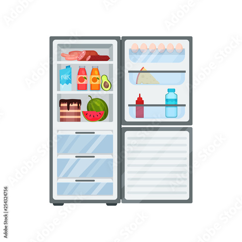 Flat vector of open fridge full of products. Food storage. Kitchen refrigerator with freezers