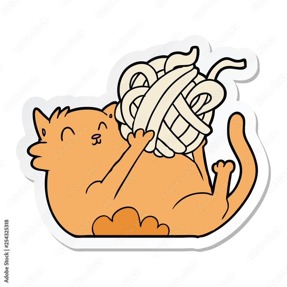 Obraz premium sticker of a cartoon cat playing with ball of string