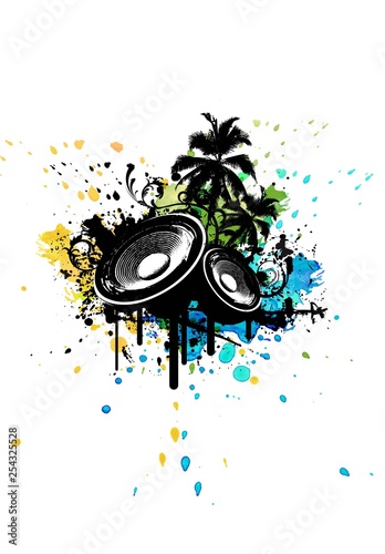Grunge Party Box in Stereo poster with palms and watercolor splashing in the background