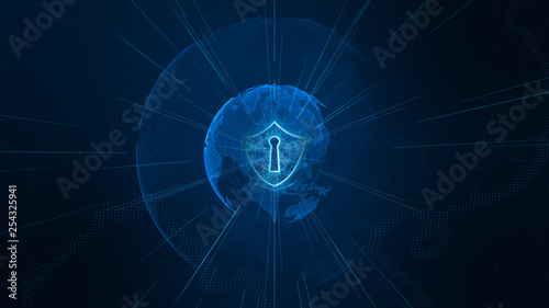 Fototapeta Naklejka Na Ścianę i Meble -  Shield Icon on Secure Global Network , Cyber Security and Protection of personal data concept. Earth element furnished by Nasa