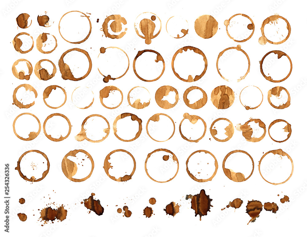 Set of various coffee stains from cups isolated on white background. - obrazy, fototapety, plakaty 