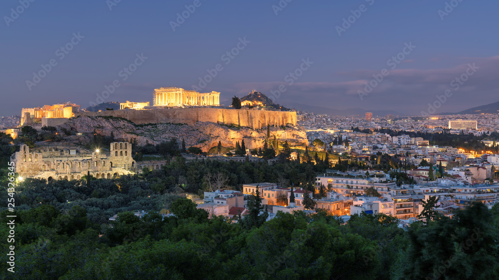 Night view of the Acropolis of Athens, with the Parthenon Temple, Athens, Greece.