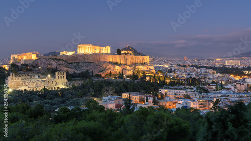 Night view of the Acropolis of Athens, with the Parthenon Temple, Athens, Greece.