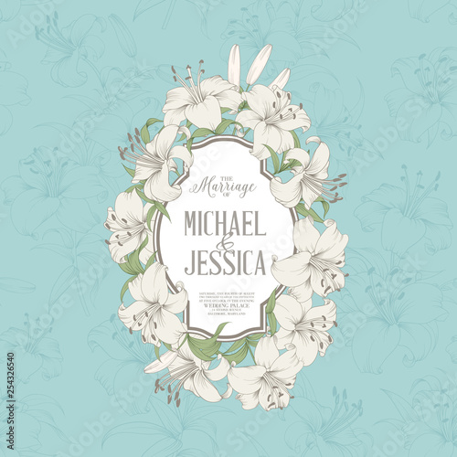 Wedding card with lily flowers. Invitation card template with white blooming lily and text. Vector illustration.