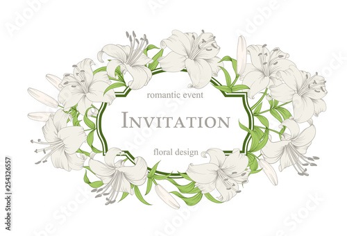 Wedding card with lily flowers. Invitation card template with white blooming lily and text. Congratulation card template for your holiday. Vector illustration.