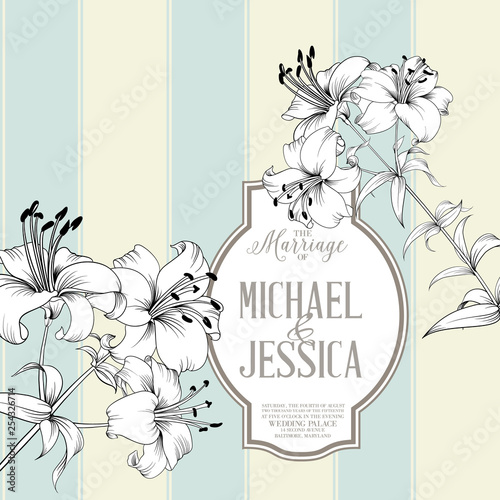 Wedding card with lily flowers. Invitation card template with white blooming lily and text. Vector illustration.