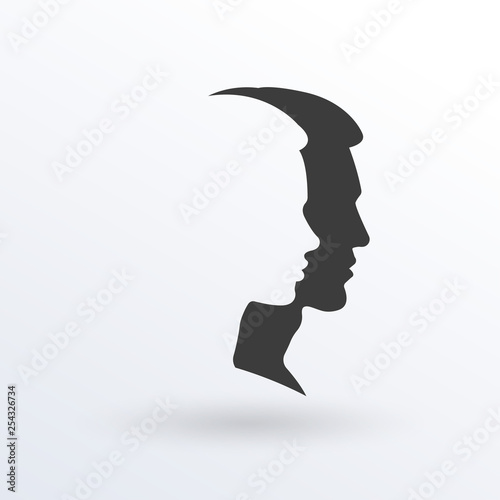 Man and woman feces logo. Male and female face silhouette. Side view. Vector illustration.