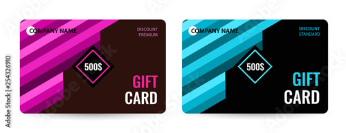 Bright Gift card with pink and blue stripes. Creative Gift card on black background. Universal dark flyer template for advertising your business. Vector Illustration.