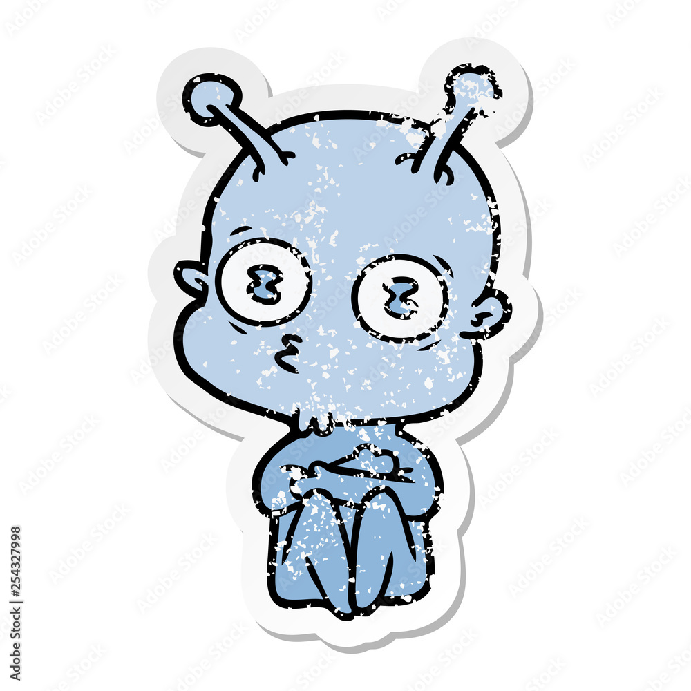 distressed sticker of a cartoon weird bald spaceman distressed sticker of a cartoon weird bald spaceman