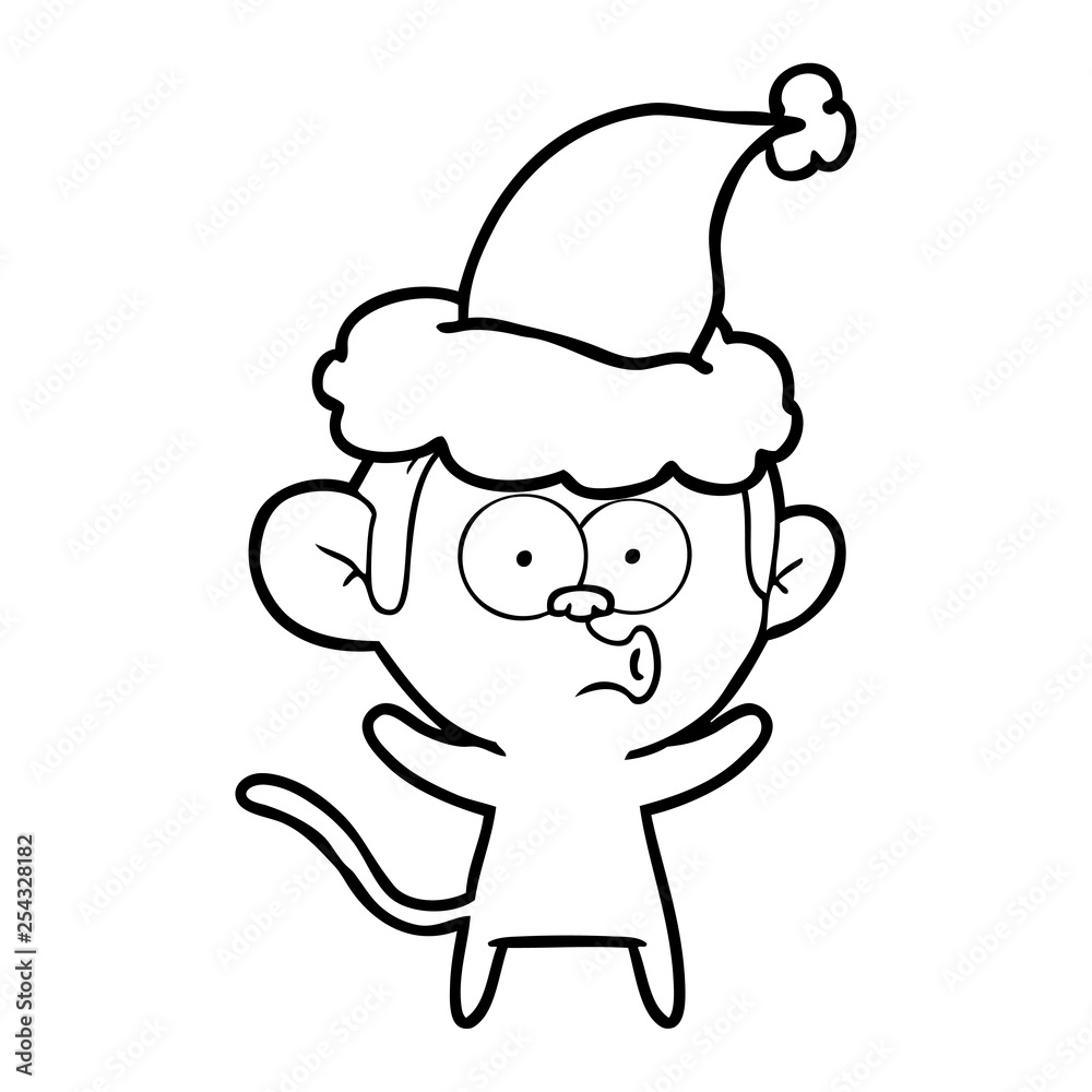 line drawing of a surprised monkey wearing santa hat