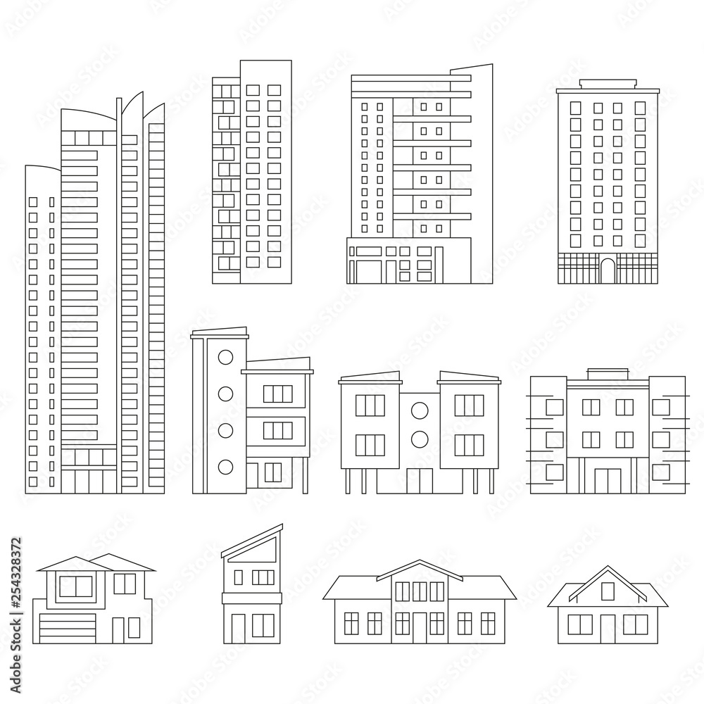 Buildings and city houses outline set. Modern office and residential building collection for city or town design. Vector illustration.