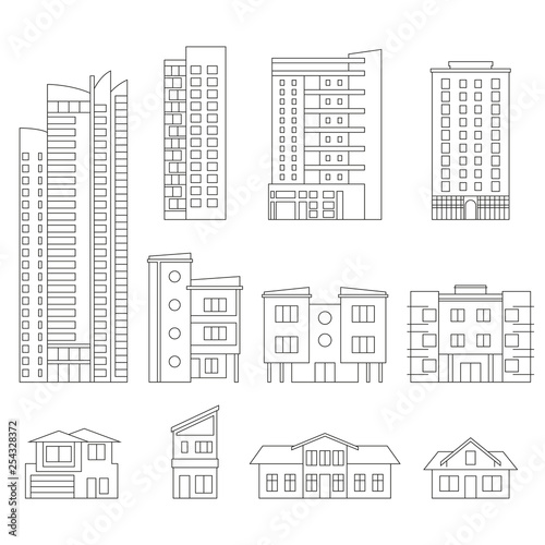 Buildings and city houses outline set. Modern office and residential building collection for city or town design. Vector illustration.