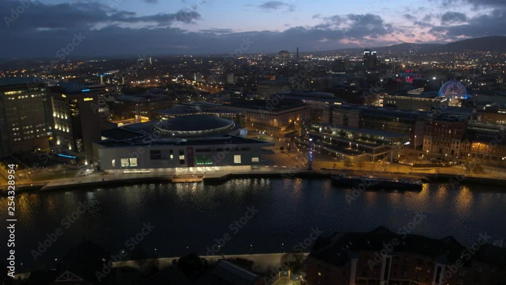 Belfast city centre aerial flyover. River Lagan Belfast city centre aerial flyover. River Lagan