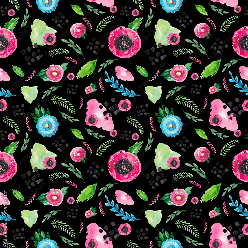 Watercolor illustration pattern seamless of red flowering poppies stem green leaves Floral set on black background Watercolor illustration pattern seamless of red flowering poppies stem green leaves Floral set on black background