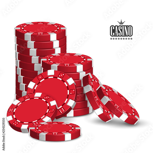 Casino advertising with a set of playing chips on a white background.  3D vector. High detailed realistic illustration.
