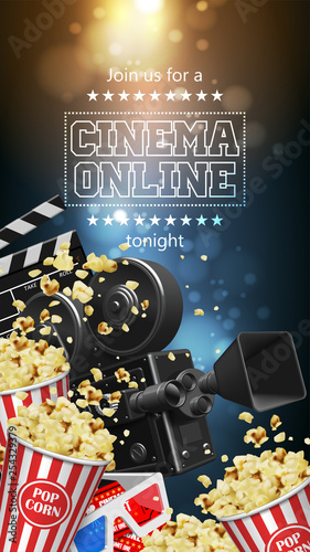 Illustration for the film industry. Popcorn, camera, glasses,  tickets and clapperboard. 3D vector. High detailed realistic illustration