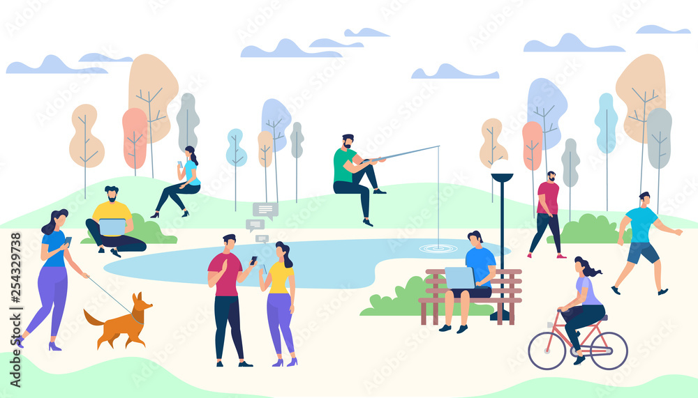 Fototapeta premium Male and Female Characters Life on Park Background